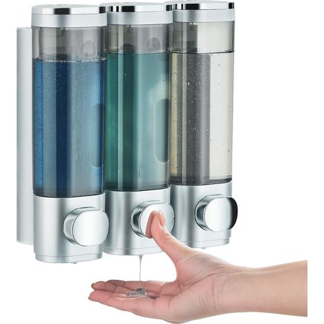 Distributeur de shampoing et d'après-shampoing, distributeur de gel douche, argenté, installation sans perçage. (1/4)