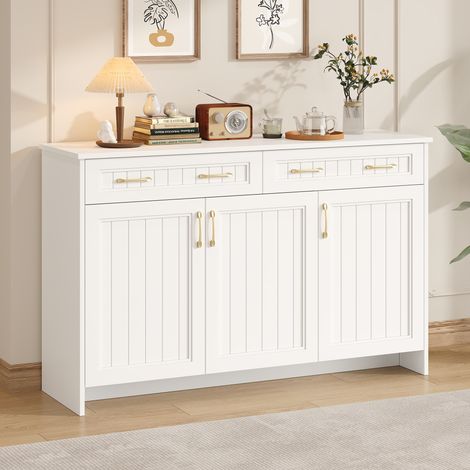 Buffet bas blanc 140 x 40 x 90 cm avec 2 tiroirs et 3 portes, étagères réglables, jusqu'à 30 kg, pour salon et salle à manger. (1/5)