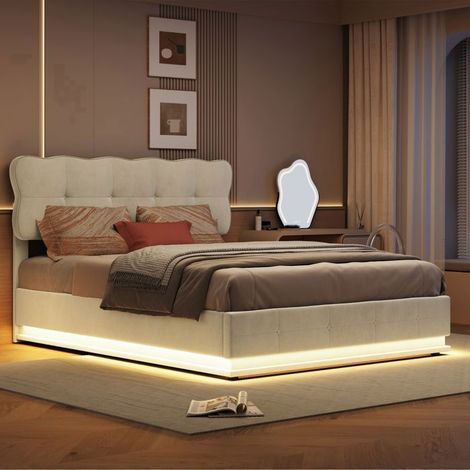 Estructura de cama con arcón 140x200 cm terciopelo beige - hidráulica, LED 7 colores, somier de lamas