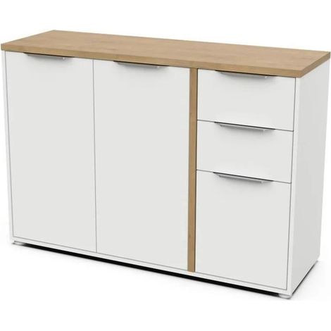 Enfilade ACCESS - 3 Türen + 2 Schubladen - Eiche Hamilton und Weiß - 121,5 x 39,6 x 85,6 cm - Demeyere