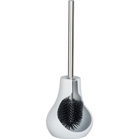 Brosse WC Neo Drop, Design goutte, Manche acier inox, Tête de brosse silicone remplaçable 7,5cm, Céramique et acier inox, 17x40x13,5cm, Blanc