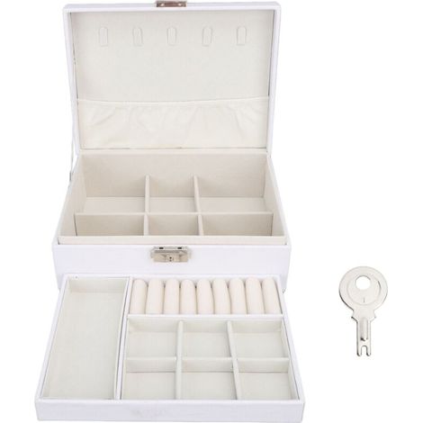 Große, weiße Schmuckaufbewahrungsbox aus Holz mit 2 Ebenen und mehreren Fächern, PU-Leder, tragbarer Reisekoffer (1/5)
