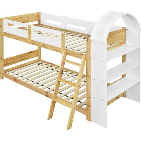 Lit superposé pour enfant, avec étagère à 3 niveaux, barrière de lit sécurisée, échelle à 3 marches, sommiers à lattes robustes, pin + MDF + contreplaqué, blanc+naturel, 90x200cm (1/5)
