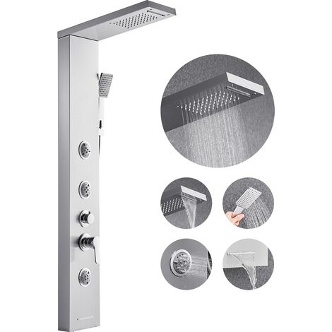 Colonne de douche avec pommeau de douche effet pluie, système de panneau de douchette mural en acier inox brossé, robinet 5 fonctions, avec 3 jets corporels, douchette à main et bec de baignoire (1/5)