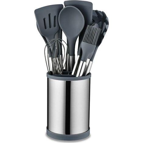 Juego de utensilios de cocina de acero inoxidable y silicona, 22 piezas, con contenedor de almacenamiento giratorio, color gris. (1/5)