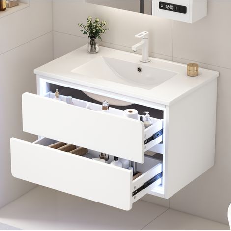 Meuble vasque suspendu moderne 76 x 46 x 48,5 cm en MDF laqué blanc avec vasque céramique intégrée et 2 tiroirs (1/5)