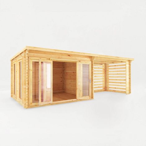 7 x 3 m Studio Pent Log Cabin with Slatted Area - 28 mm - Timber - L333.5 x W691 x H249.4 cm - Brown