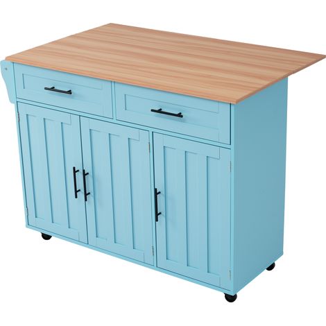 Grand chariot de service/buffet 129x46(71)x91,5 cm, plateau à veinage bois massif + meuble bleu, plateau rabattable, porte de rangement, roulettes, pieds en bois massif interchangeables, adapté à la m (1/5)