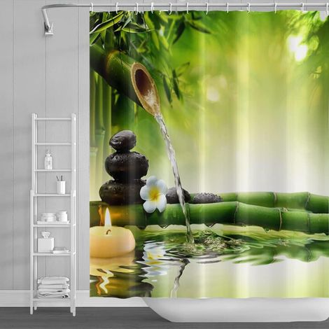140x183cm Spa Bambou Rideau de Douche Vert Feuilles Bougies Eau Thérapie Floral Rideau de Bain Zen Méditation Basalte Pierres Rideau de Baignoire pour Salle Bains Polyester avec Crochets (1/5)