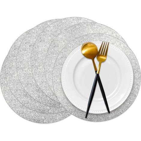 Lot de 50 Sets de Table Ronds jetables en Papier pailleté argenté, 35,6 cm, pour Mariage, Banquet, fête, Maison, Vaisselle de Salle à Manger'Parent'-'-
