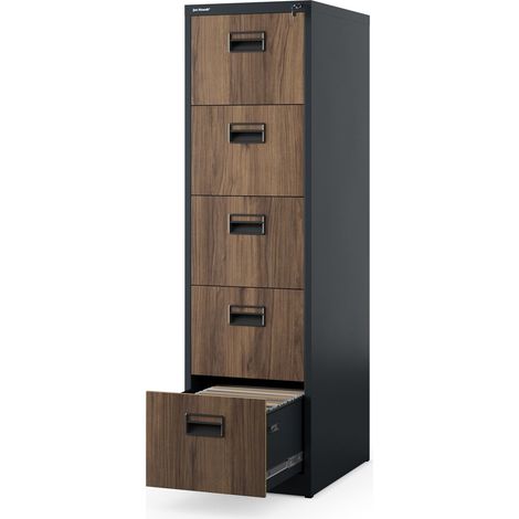 Hängeregistraturschrank V005 Hängemappenschrank Hängeregisterschrank Aktenschrank mit 5 Schubladen Pulverbeschichtung Stahlblech 162 cm x 46 cm x 62 cm (H x B x T) (Anthrazit/Holzoptik) (1/5)