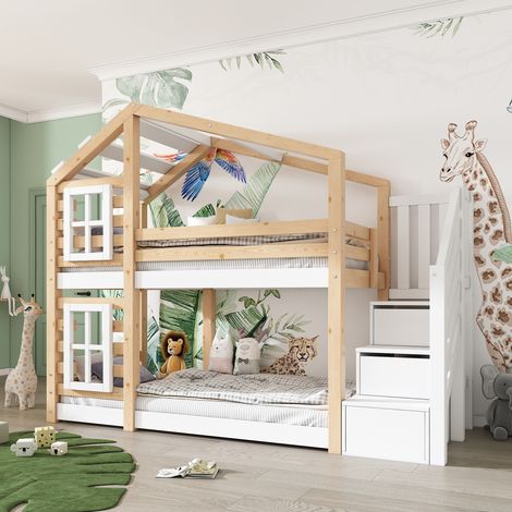 Letto a castello 90x200 cm naturale e bianco in legno massello e MDF con scala contenitore (1/5)