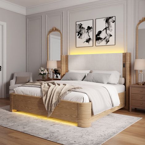Cama con almacenaje (213.5x193.5x103.5 cm), elevación hidráulica 750 N, luces LED de 7 colores, terciopelo beige (1/5)