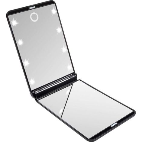 Folding Pocket Mirror, Illuminated Makeup Mirror, Handheld Mirror, 1x/2X Magnification, for Shaving, Camping and Makeup (Black) (1/4)
