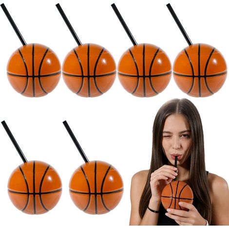 Semplici bicchieri da basket in polimero, 6 pezzi, con cannucce e coperchi, 440 ml (15 oz), bicchieri di plastica per feste a tema sportivo (basket). (1/5)