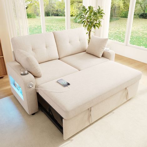 DESMIU Canapé convertible 2 places avec Schlaffunktion, LED, USB Type-C, rangements d'accoudoirs, porte-gobelets en Chenille Beige (1/5)