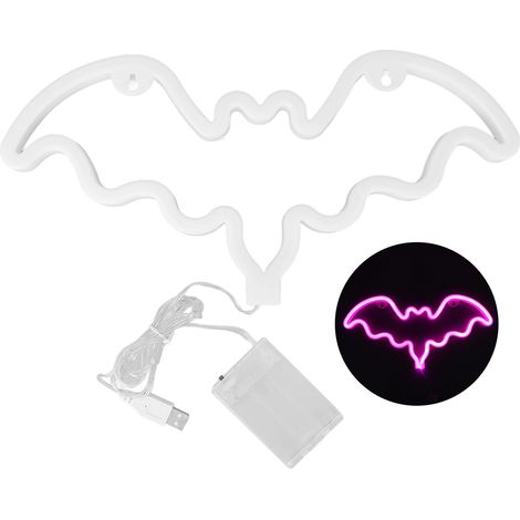 Chauve-souris rose lumineuse d'Halloween, fonctionnant sur USB ou piles, avec 2 trous de suspension, idéale pour une chambre, un salon, un bar ou une fête. (1/5)