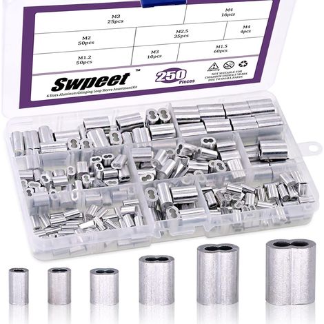 Pack of 250 Aluminum Crimp Sleeves - 6 Sizes for Wire Rope or Any Other Object Requiring a Strong Cable (1/5)