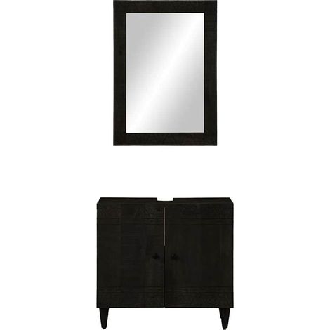 Ensemble Meuble de Salle de Bain avec Miroir Bois de Manguier Massif Noir 2 pcs (1/5)