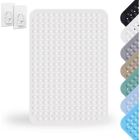 Tapis De Douche, 60 x 90 cm Tapis de Douche, PVC Shower Mat Non Slip, Tapis de Douche Carré Lavable en Machine avec Ventouse, avec 2 Crochets, Blanc (1/5)