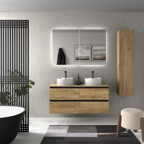 Meuble de salle de bain BEQUIA METAL 140cm Chêne  Avec plan toilette (vasque non incluse) (1/5)