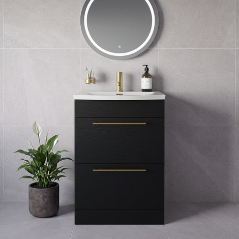 Napoli 390 Nero Oak 600mm 2 Drawer Vanity Unit with Arc Basin - 600mm - Brushed Brass 320mm Handle