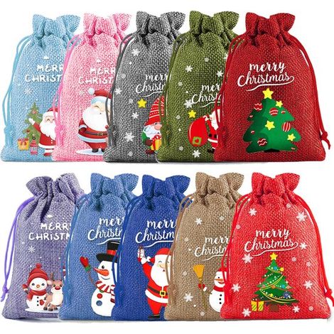 Sachets Cadeaux de Nol – Sachets en Jute de Nol avec Cordon – Sachets de Bonbons Réutilisables avec Motif de Nol – Pochettes Festives pour Enfants & Décoration de Nol – 10 Pièces (1/4)