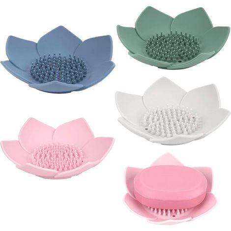Lntyq Lot de 4 porte-savon avec drainage, barre en silicone pour salle de bain, porte-savon en forme de fleur pour évier de cuisine, （vert, 1 bleu, 1 blanc, 1 rose), 12.53cm