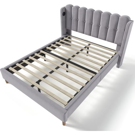 Cama doble tapizada 140 x 200 cm de lino gris con somier de láminas y puertos USB-C (1/5)