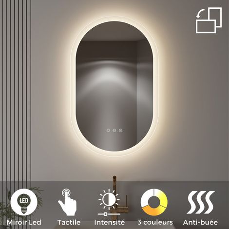 Miroir Mural LED Lumineux ovale 50 x80 cm réversible (2100 LMS) Tactile : antibuée + intensité et Couleur réglables - collection Salle de Bain CLUB