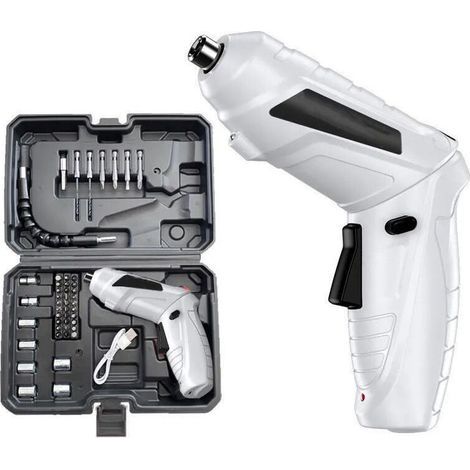 Perceuse Visseuse Sans Fil 3.6Nm, Visseuse Devisseuse 1800mAh 3.6V + 47 Accessoires, 2 Sens Rotation + Lampe LED, Câble Charge USB, Idéal pour Artisans, Installation de Meubles et Jouets(Blanc) (1/4)