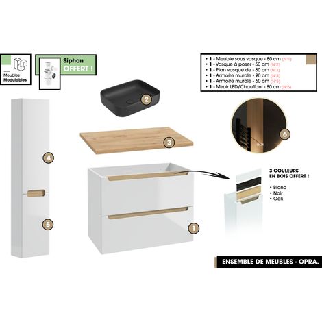 Ensemble complet de salle de bain - Meuble - Plan - Armoires - Miroir - Vasque à poser avec Siphon OFFERT OPRA 80 x 60 x 45 cm (1/5)