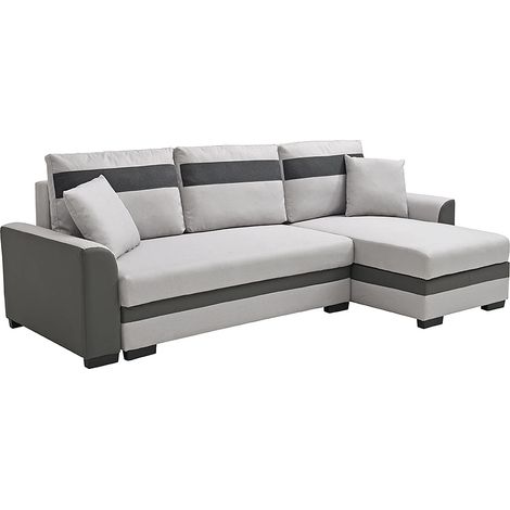 Vente-Unique – Canapé d'angle convertible 4 places en tissu et simili gris clair – Dossier déhoussable – 2 coffres de rangement – Longueur 242 cm (1/5)