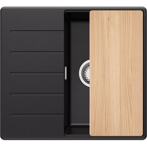 PRIMAGRAN Evier Cuisine en Granit 55x50cm, Lavabo 1 bac + Kit de Vidage + Planche à Découper, Évier à Encastrer au meuble 40cm - Copenhague, Noir (1/5)