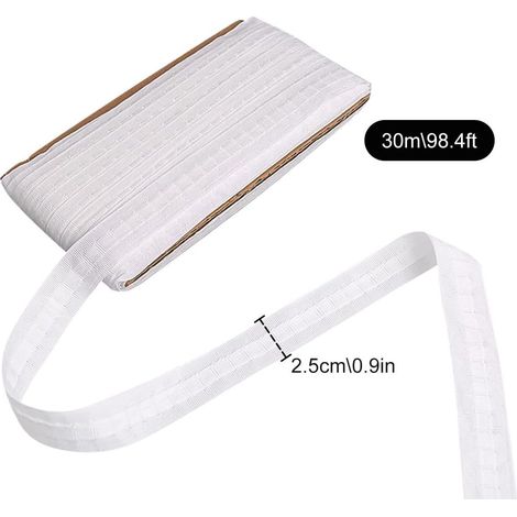 30 m x 2,5 cm weißes Gardinenfaltenband für Haushaltsnähhaken mit Rüschenkanten (1/5)