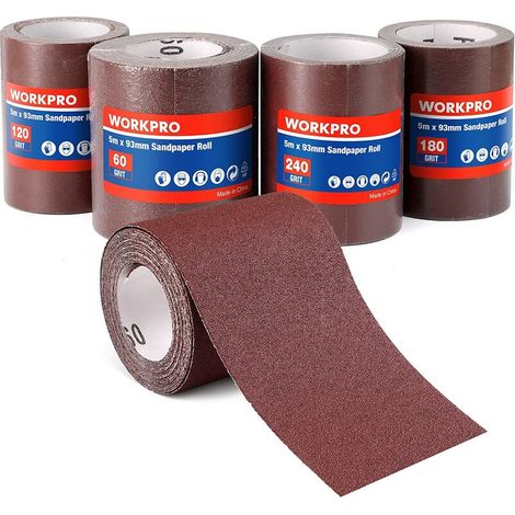 Set mit 4 selbstklebenden Schleifrollen (93 mm x 5 m) – Körnungen 60/120/180/240 – Zum Schleifen von Holz, Metall, Kunststoff und Glas