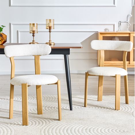 Chaise de salle à manger, en tissu bouclette et bois, avec dossier, style moderne, blanc (1/5)