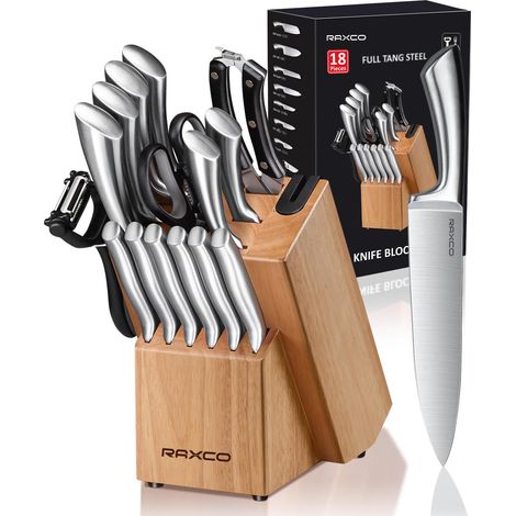Bloc à couteaux, Set de 18 couteaux de cuisine en acier inoxydable - Set de couteaux à steak, Sets de couteaux de cuisine avec bloc et aiguiseur (Oak) (1/5)