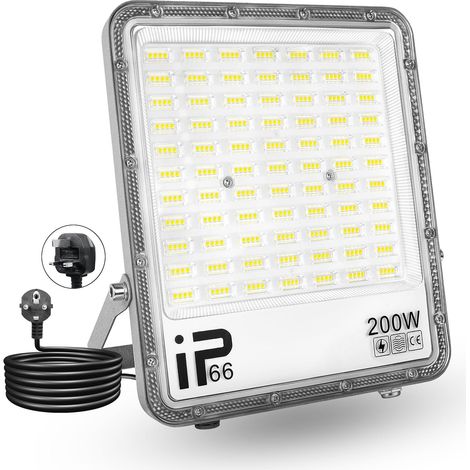 Lumière LED Extérieur 200W, 20000LM, Blanc Froid 6500K, Projecteur LED Sécurité IP65 Étanche, Lumière de Travail LED pour Porte d'Entrée, Entrepôt, Parking, Cour, Rue avec Prise (2 Pièce) (1/5)