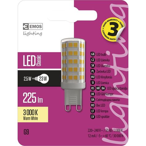 Les emos zq9522 A + +, ampoule LED Classic JC, blanc chaud, verre, 2,5 W, G9, transparent, 1,6 x 5,1 cm