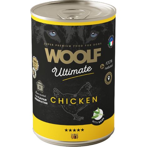 Comida húmeda enlatada Woolf Ultimate para perros adultos, sabor pollo y salvia, 400 g (1/2)