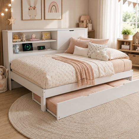 REDOM - Letto singolo 140×190 cm con letto estraibile, contenitore nella testiera, prese USB e USB C, legno bianco (materasso non incluso) (1/5)