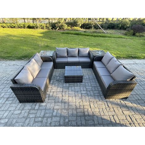 Fimous Rattan Outdoor Furniture Set Patio Garden Sofa Set with 2 Side Table Square Coffee Table Dark Grey Mixed (1/5)