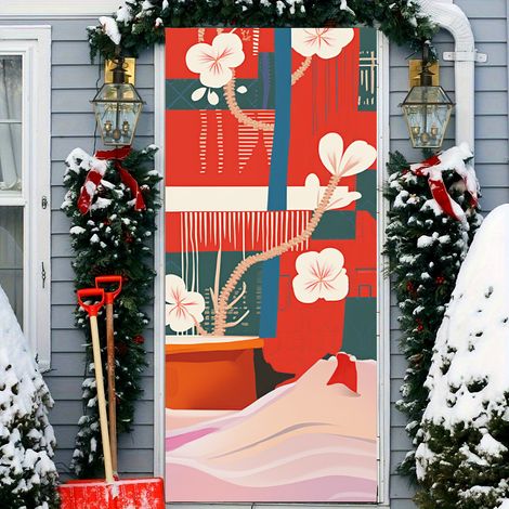 Décorations de Noël pour fêtes : rideaux, banderoles, fanions, drapeaux, décorations de porte, accessoires, guirlandes décoratives - 90 x 180 cm (collés + ruban) - 9
