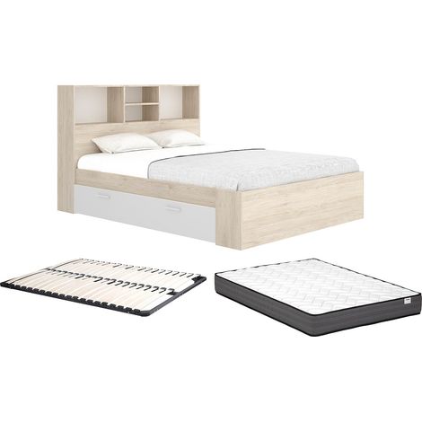 Letto 140 x 190 cm Con vani portaoggetti Naturale e Bianco + Rete a doghe + Materasso  - VARDIEL