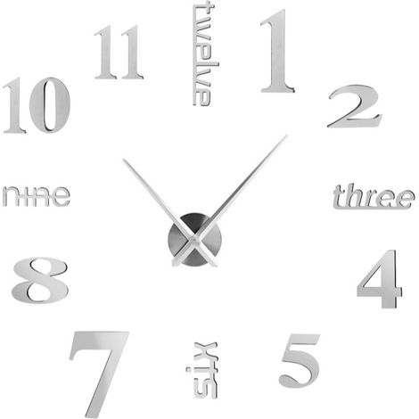 Horloge murale moderne argentée, silencieuse, sans cadre, grand format, autocollant effet miroir 3D, en métal, décoration pour la maison et le bureau