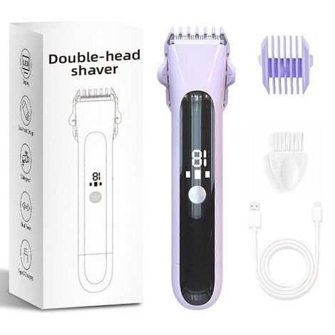 Tondeuse bikini 2 en 1 pour femmes, rasoir électrique rechargeable utilisable sur peau sèche ou humide, pour le visage, le corps, le maillot, les jambes, les aisselles et les zones intimes. Violet. (1/4)