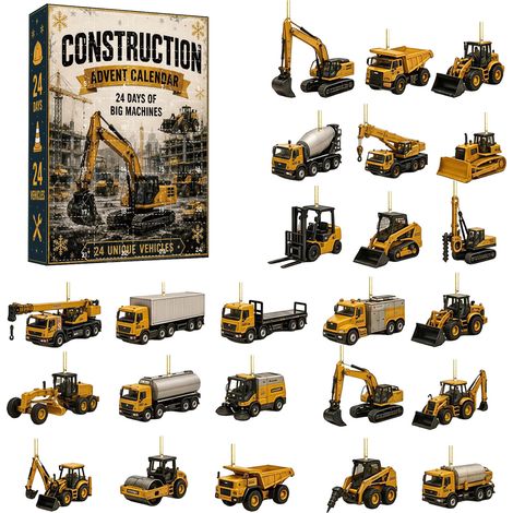 Calendrier de l’Avent MH142 véhicules de chantier, 24 ornements acryliques excavatrice camion, pendentifs sapin, coffret boîte aveugle cadeau Noël enfant