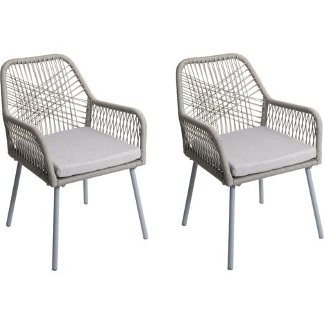 [NEUWERTIG] 2er-Set Gartenstuhl HHG-469, Outdoor Sitzpolster Aluminium Seilgeflecht Rope grau, Bezug grau
