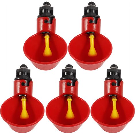 Lot 5 abreuvoirs automatiques pour poules oiseaux, gamelles d'eau (bol rouge demi-cercle avec support). (1/5)